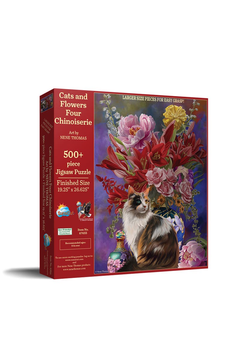 Sunsout Cats and Flowers Four Chinoiserie 500 piece Jigsaw Puzzle for Adults Large Pieces, Main, color, Multicolor
