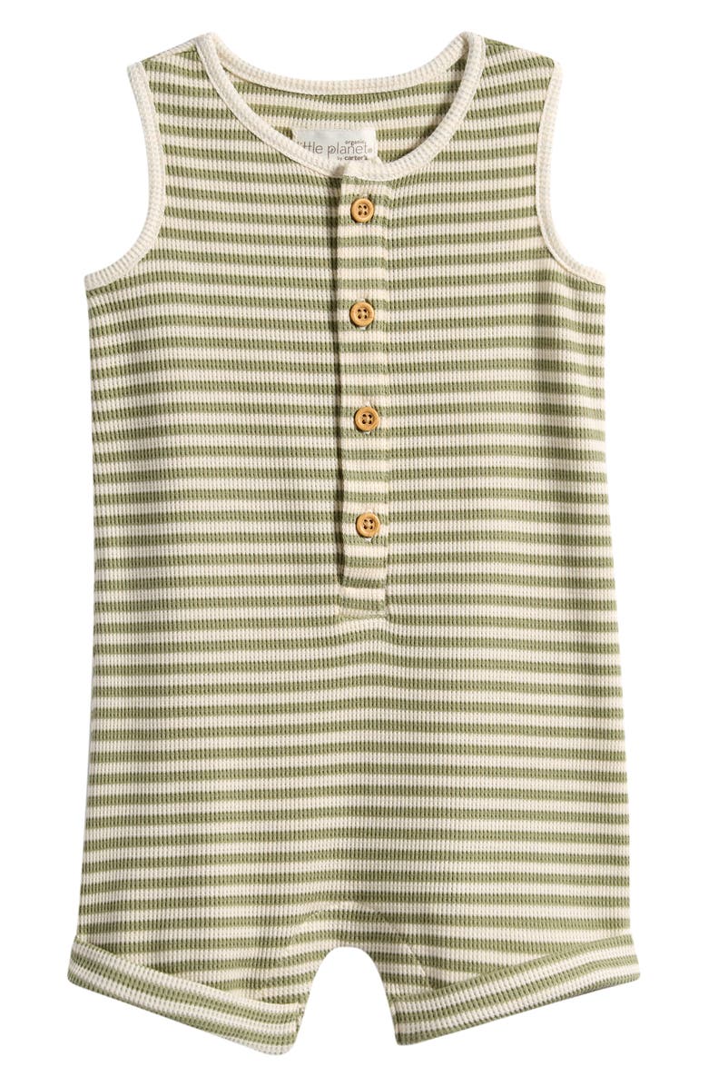 Little Planet Stripe Stretch Cotton Blend Romper, Main, color, Green Striped