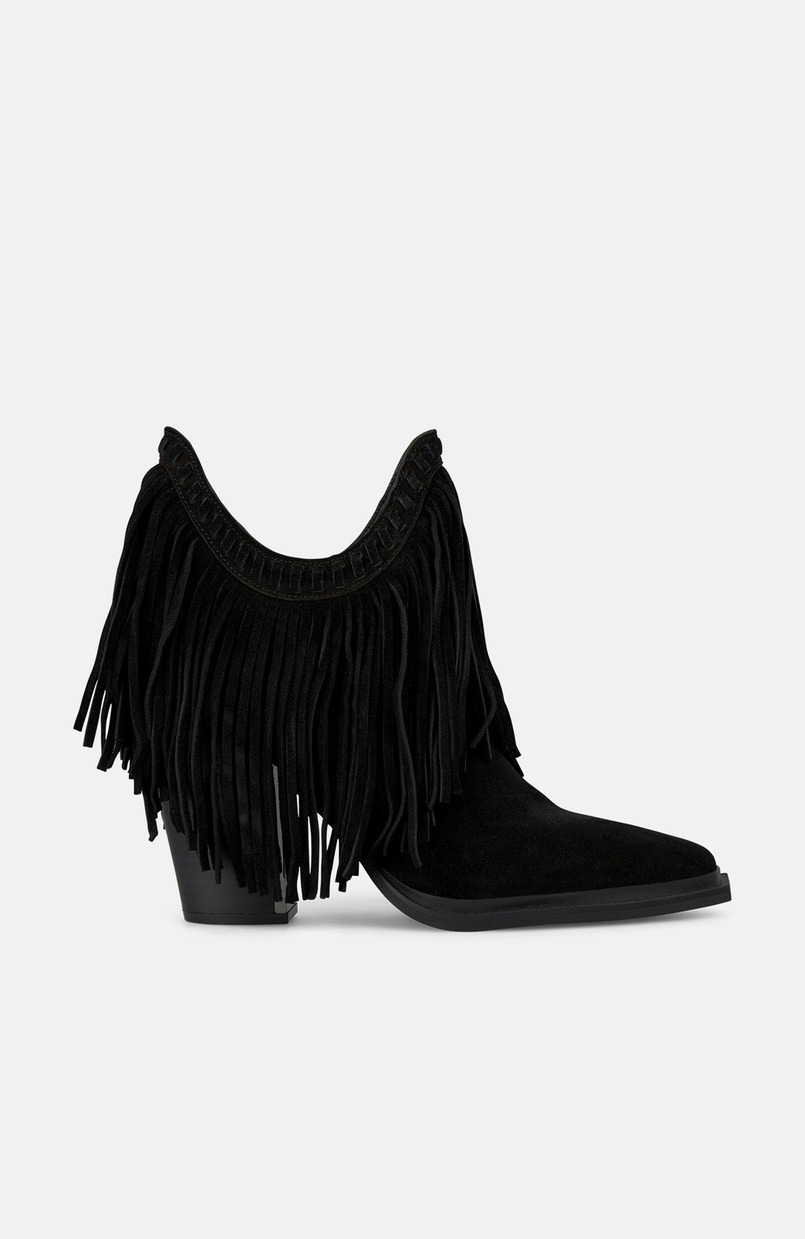 Long Fringed Bootie, Alternate, color, Black