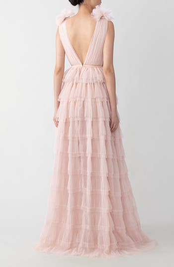 Sabrina Plunge Neck Tiered Tulle Gown