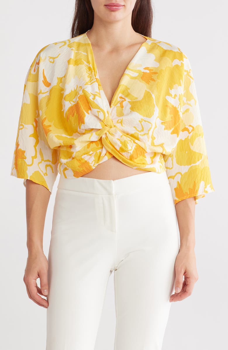 Renee C Floral Twist Front Top, Main, color, Yellow