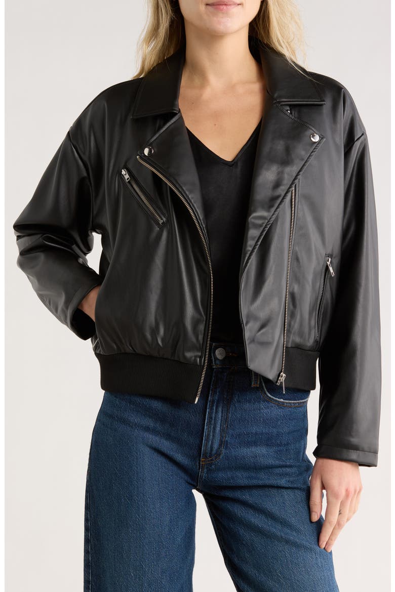 Faux Leather Bomber Jacket, Main, color, BLACK