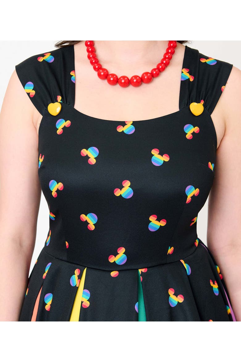 Square Neck Sleeveless Godet Swing Dress, Alternate, color, Black Rainbow Mickey Print
