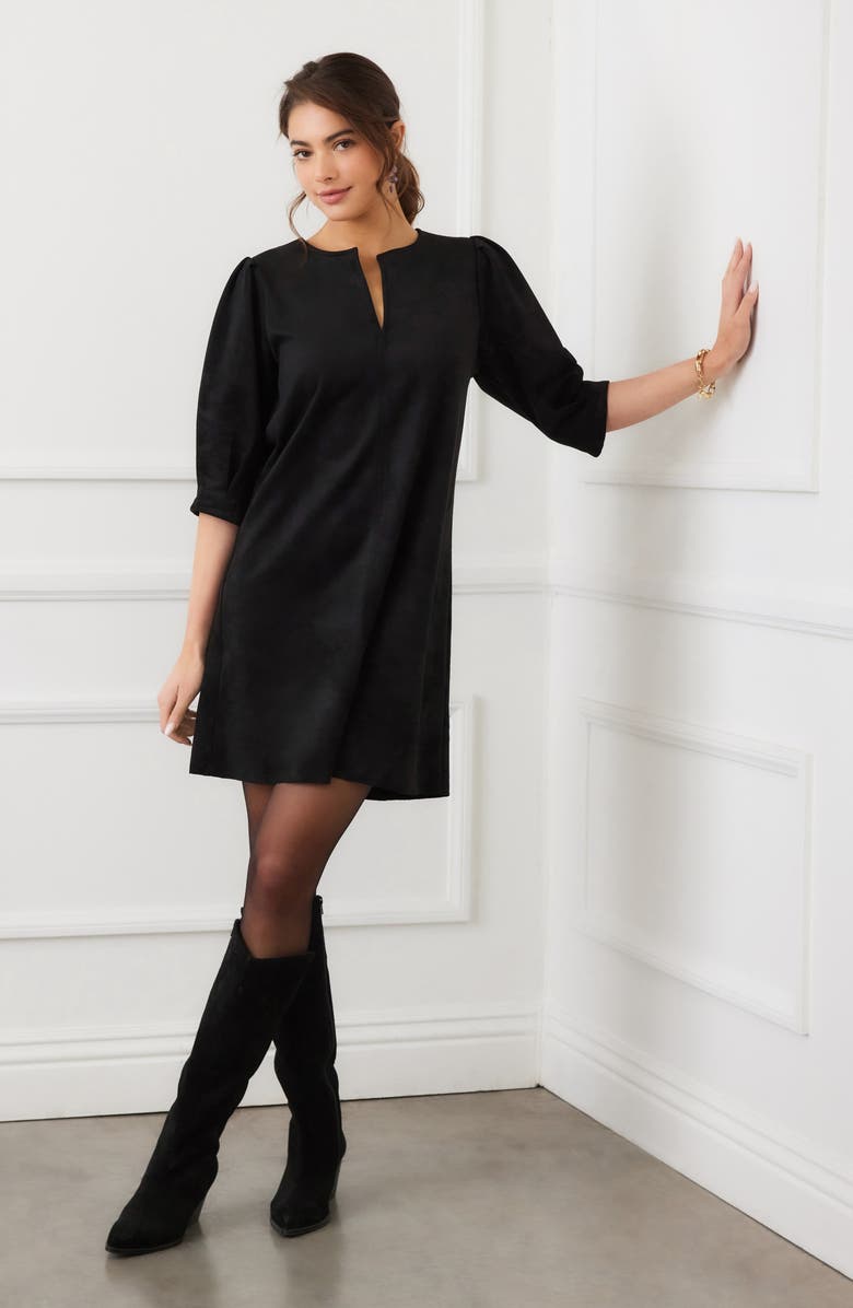 Karen Kane Faux Suede Puff Sleeve Shift Minidress, Alternate, color, Black