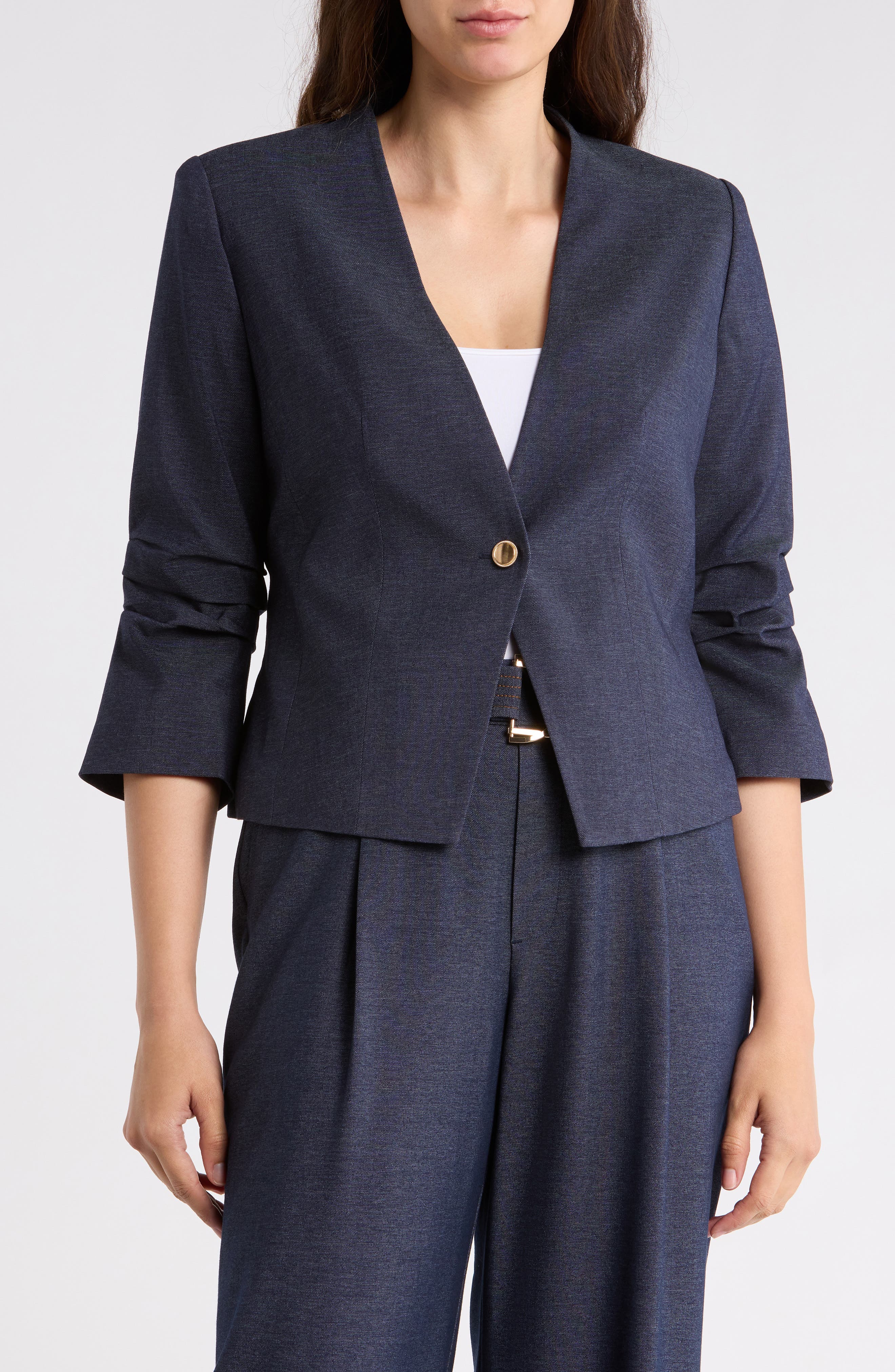 Gemma + Jane Ruched Sleeve One-Button Blazer