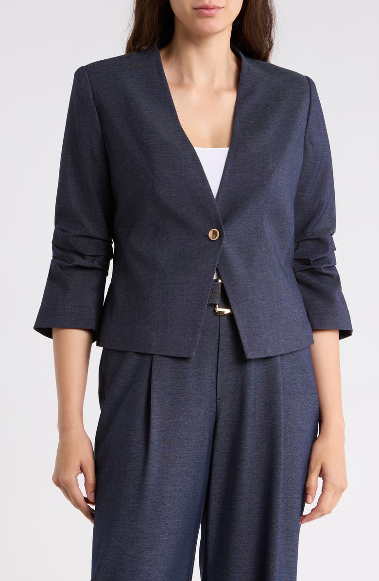 Gemma + Jane Ruched Sleeve One-Button Blazer, Main, color, Indigo Blue