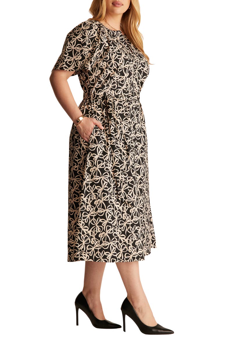 Noirette Bow Print Midi Dress, Alternate, color, BLACK/ CREAM