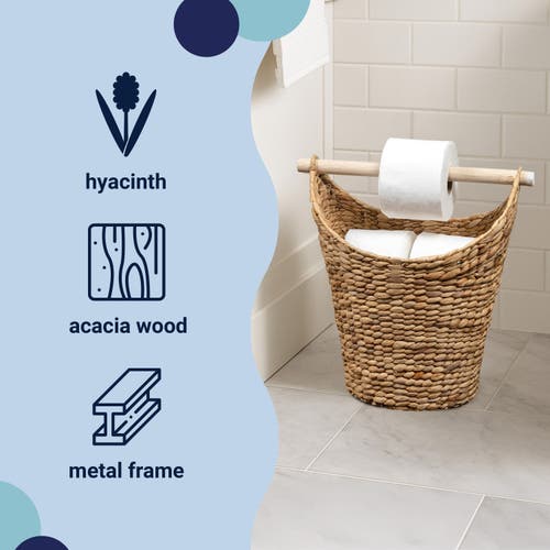 Happimess Talia Classic Coastal Hand-woven Water Hyacinth Toilet Paper Basket With Wood Bar In Brown