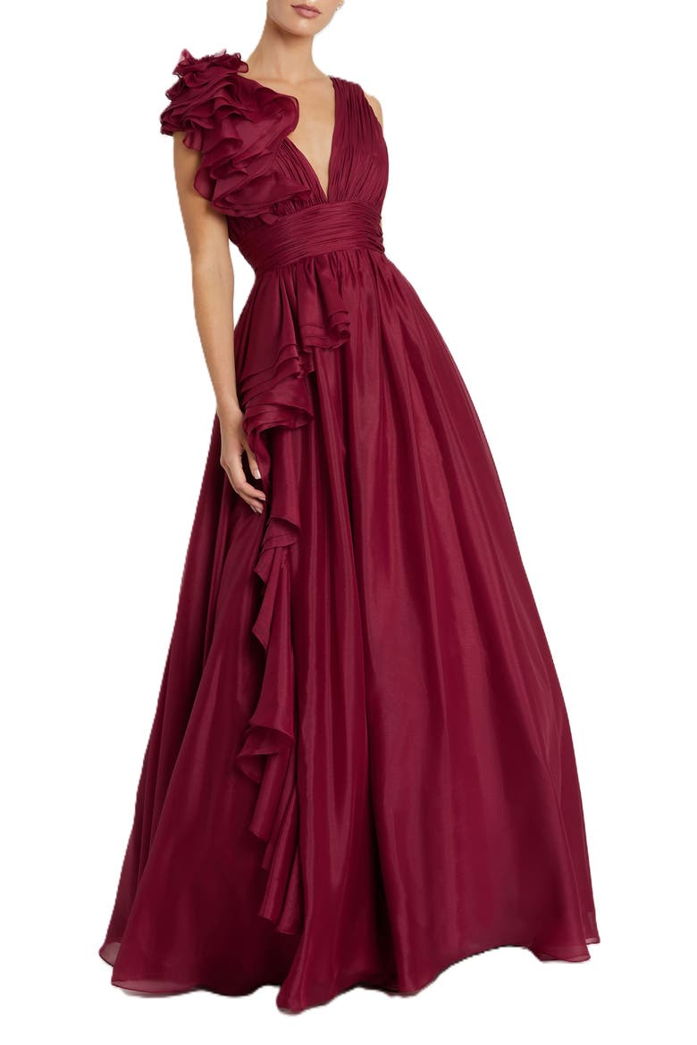Ruffle Shoulder V-Neck Chiffon Gown, Main, color, Wine