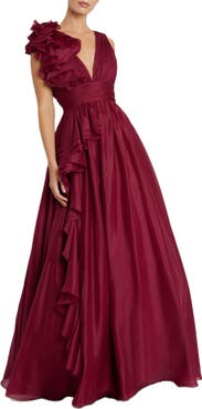 Mac Duggal Ruffle Shoulder V-Neck Chiffon Gown