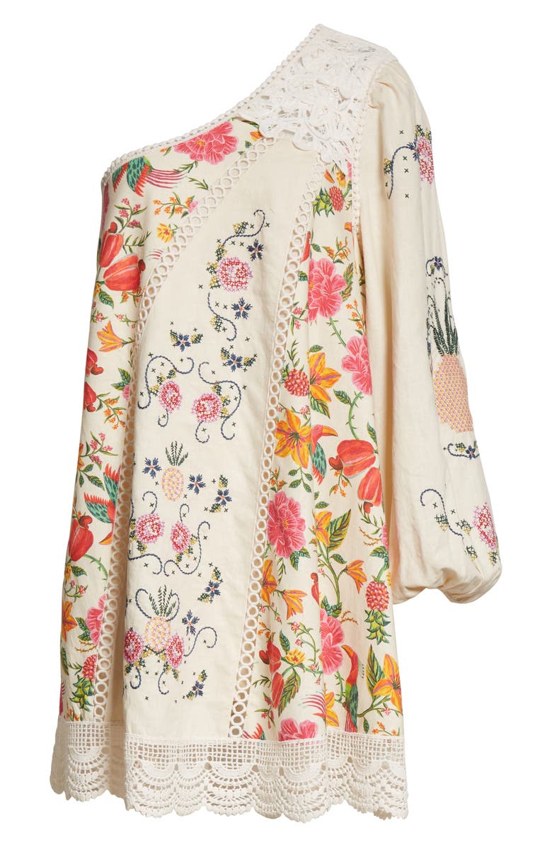 FARM Rio Toucan's Garden Floral Embroidery One-Shoulder Linen Blend Dress, Alternate, color, 