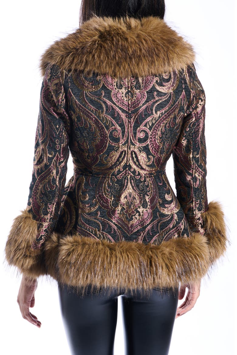 Kenzy Belted Jacquard & Faux Fur Coat, Alternate, color, BLACK MULTI