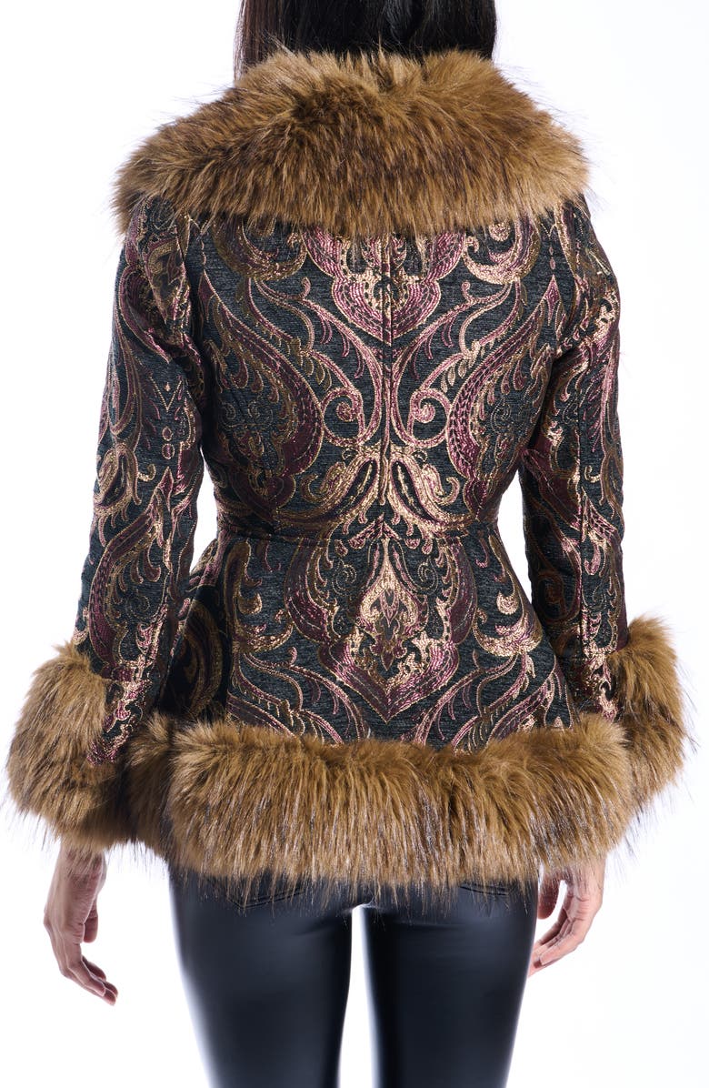 AZALEA WANG Kenzy Belted Jacquard & Faux Fur Coat, Alternate, color, Black Multi