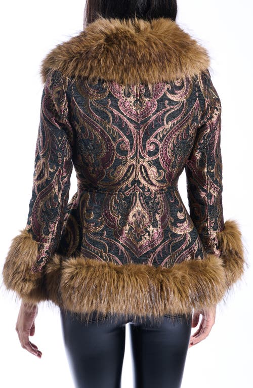 Azalea Wang Kenzy Belted Jacquard & Faux Fur Coat In Brown