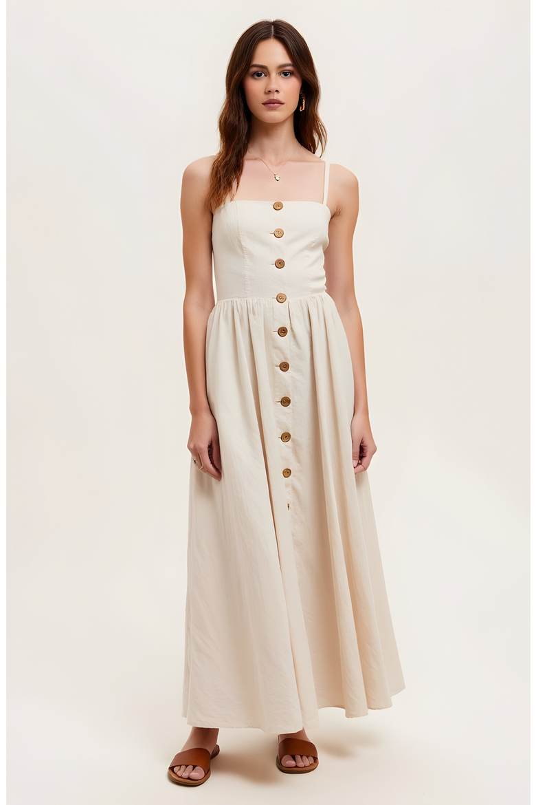 Button Front Midi Dress with Spaghetti Straps and Side Pockets, Main, color, Ivory