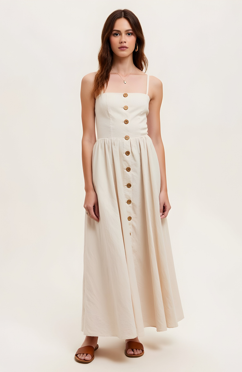 Modenaire Button Front Midi Dress with Spaghetti Straps and Side Pockets, Main, color, Ivory