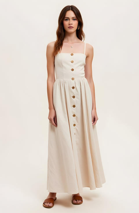 Button Front Midi Dress with Spaghetti Straps and Side Pockets