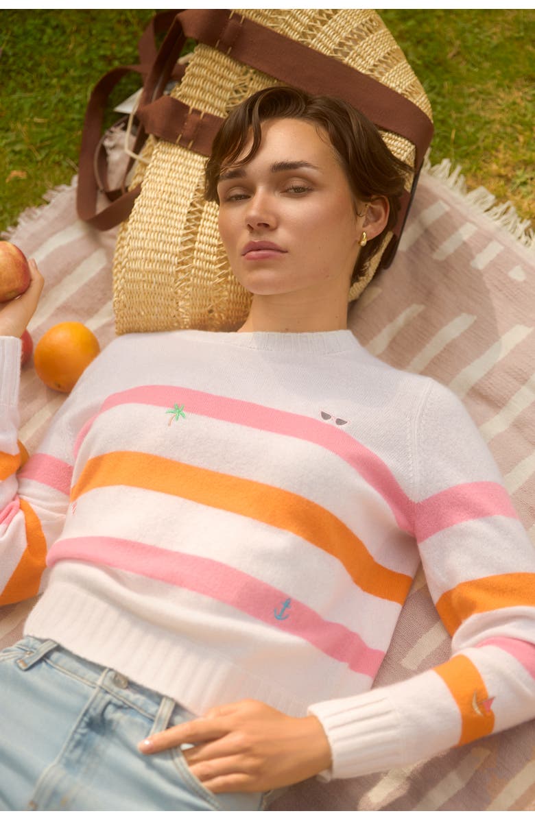 Brodie Pure Cashmere Beach Embroidery 100% Cashmere Sweater, Alternate, color, Pink & Orange Stripes