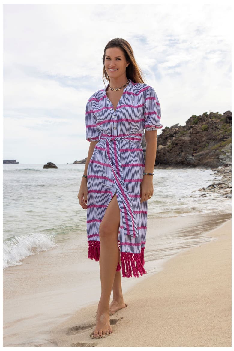 Estelle Womens Fringed Shirtdress Marine Stripe Embroidery, Alternate, color, Blue
