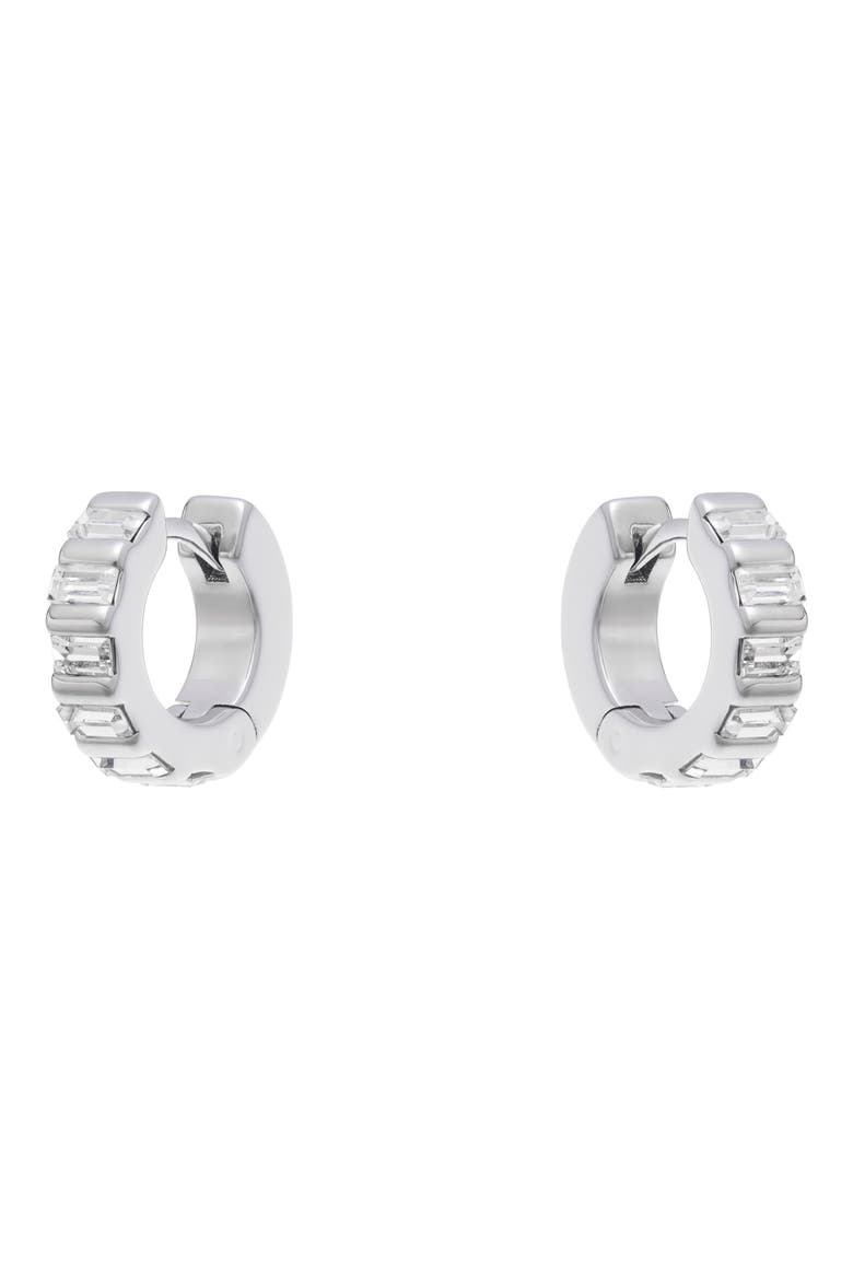 Liza Linear Crystal Huggie Hoop Earrings, Main, color, SILVER TONE / CLEAR CRYSTAL