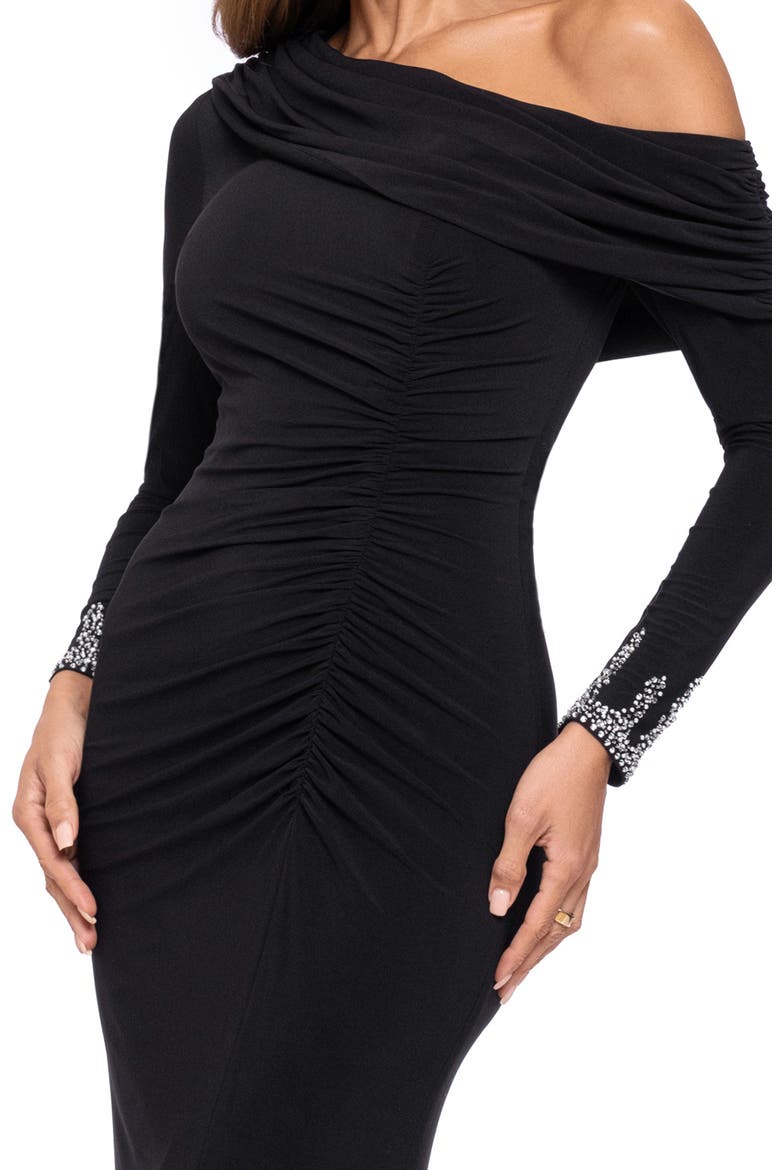 Ruched Beaded Cuff Long Sleeve Gown, Alternate, color, BLACK/ SILVER