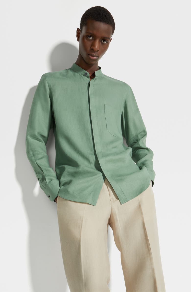 ZEGNA Oasi Band Collar Linen Button-Up Shirt, Alternate, color, 