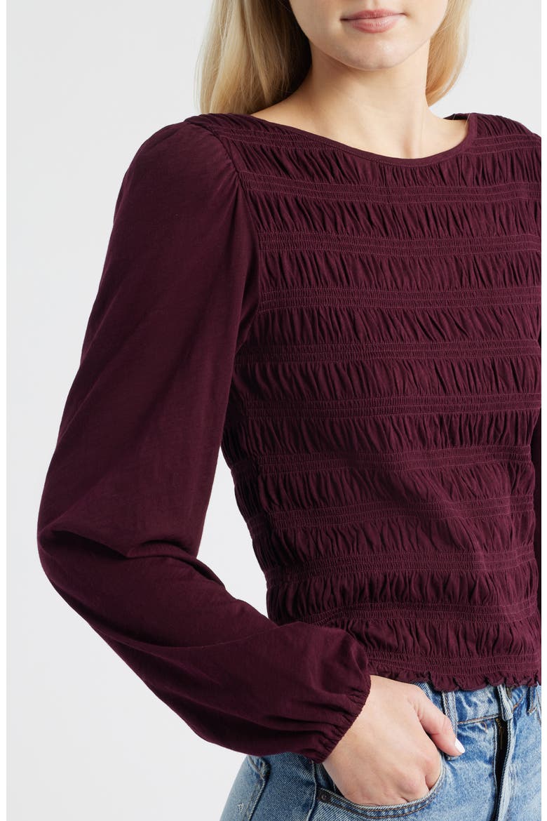 Smocked Boat Neck Long Sleeve Cotton Top, Alternate, color, DARK POMEGRANATE