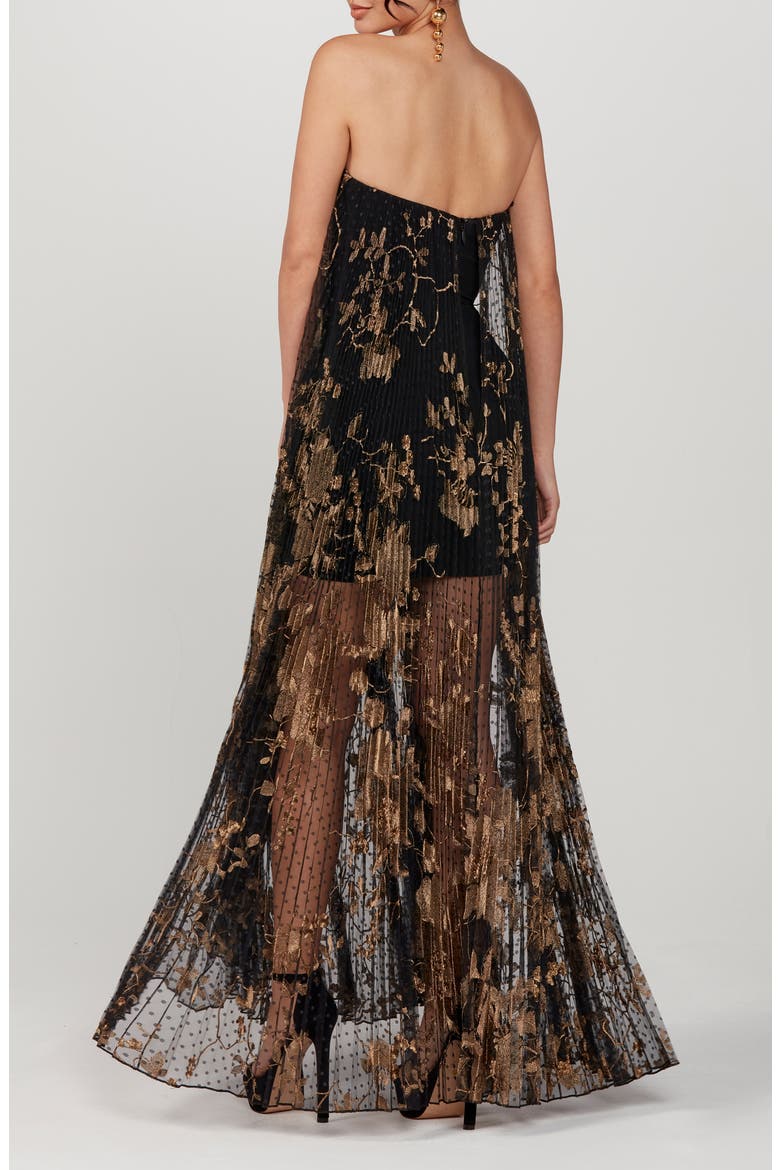 Delphanie Metallic Floral Strapless Pleated Gown, Alternate, color, BLACK/ GOLD