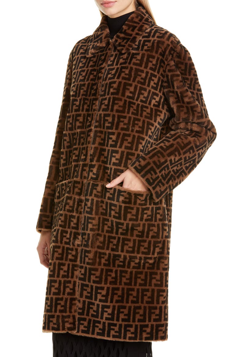 Reversible FF Logo Genuine Shearling Coat, Alternate, color, BLACK/ BROWN