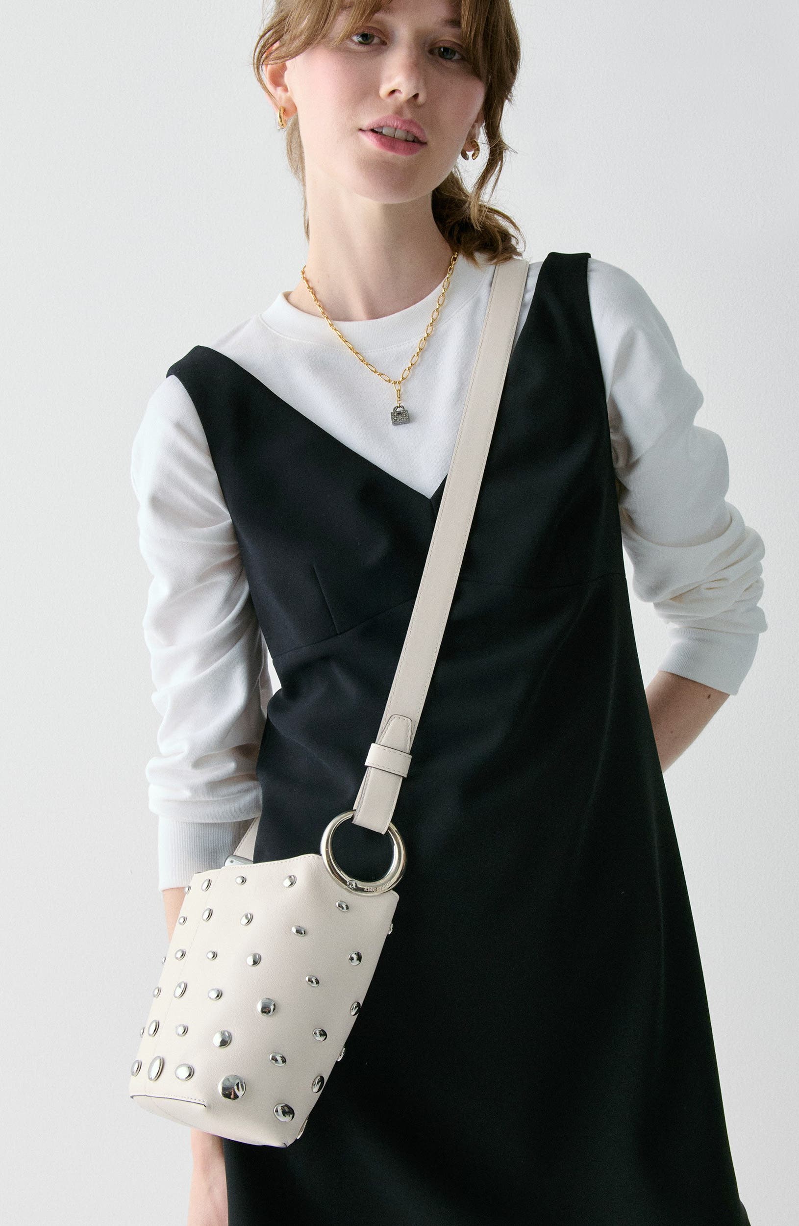 Kate Spade New York halo stud fine grain leather crossbody bag, Alternate, color, Cream.