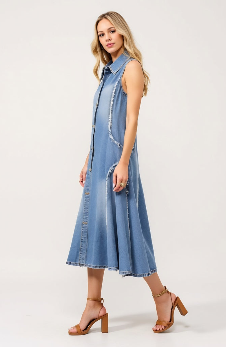 Modenaire Sleeveless Denim Midi Dress with Frayed Seams and Button Front, Alternate, color, Blue
