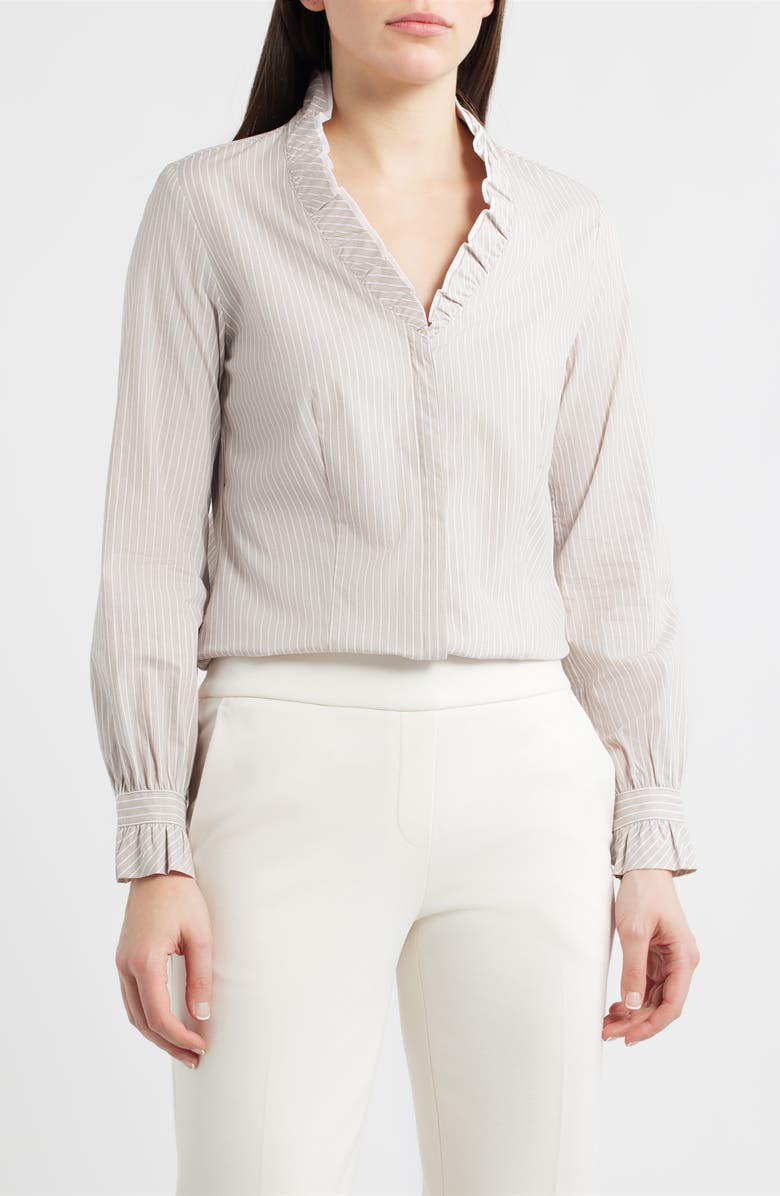 Anne Klein Ruffle Detail Stripe Cotton Button-Up Shirt, Main, color, Light Porcini Multi