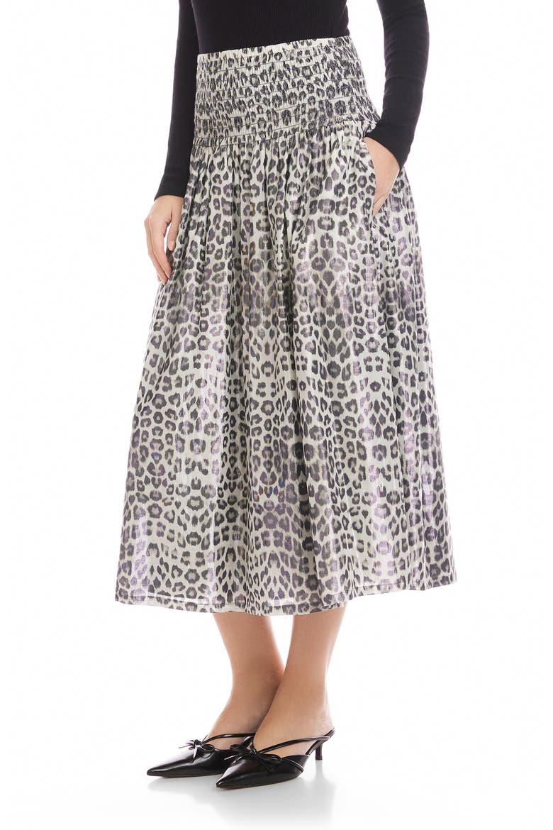 Rhea Print Smock Waist Cotton Blend Midi Skirt, Alternate, color, LEOPARD