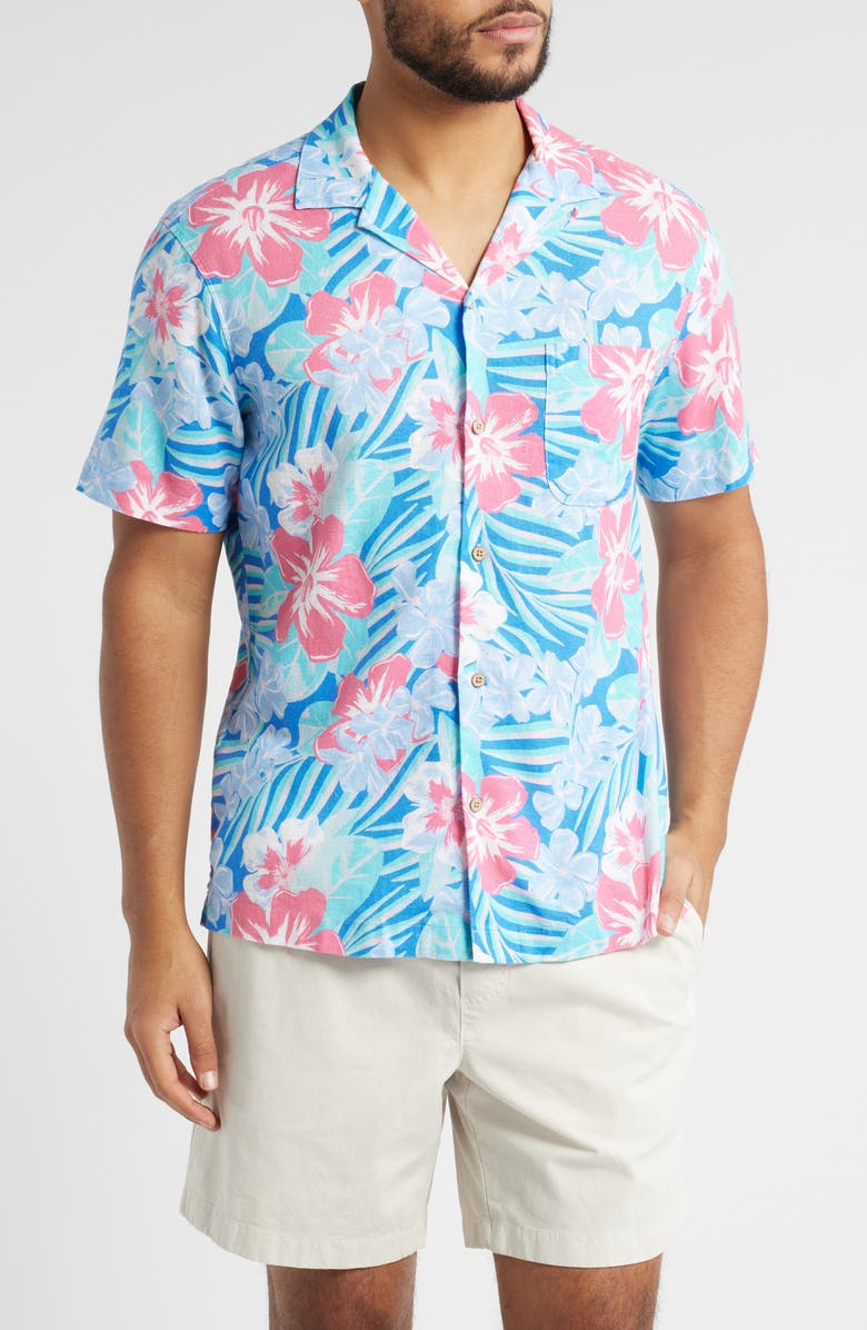 vineyard vines Island Floral Stretch Linen Blend Camp Shirt, Main, color,