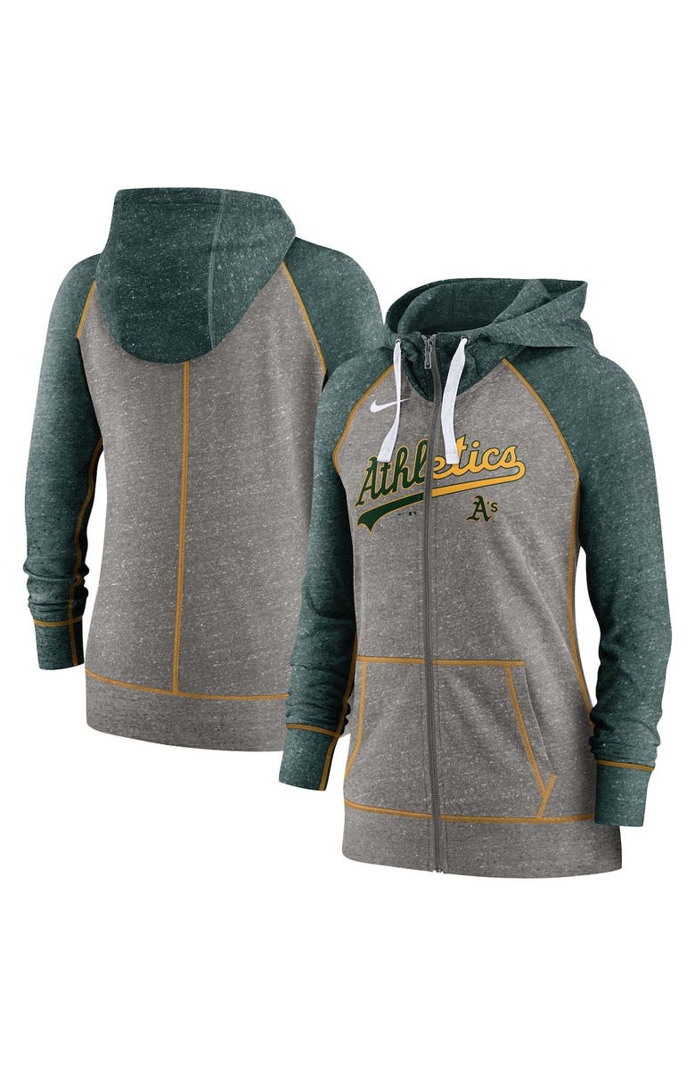 Nike Women's Nike Heathered Charcoal/Heathered Green Oakland Athletics Split Wordmark Gym Vintage Raglan Full-Zip Hoodie, Alternate, color, 