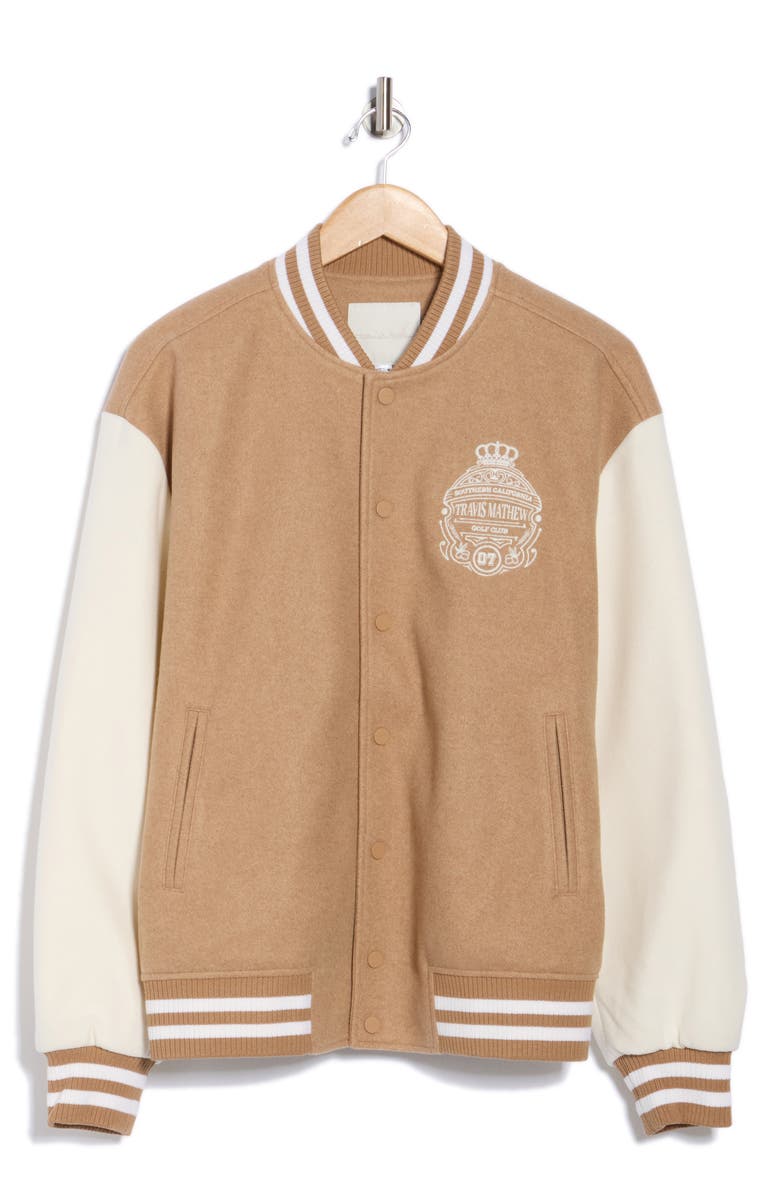 TravisMathew Victory Mile Varsity Jacket, Alternate, color, Moonbeam