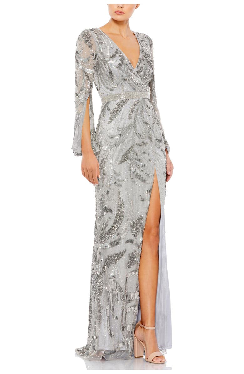 Mac Duggal Sequined Faux Wrap Split Long Sleeve Gown, Main, color,