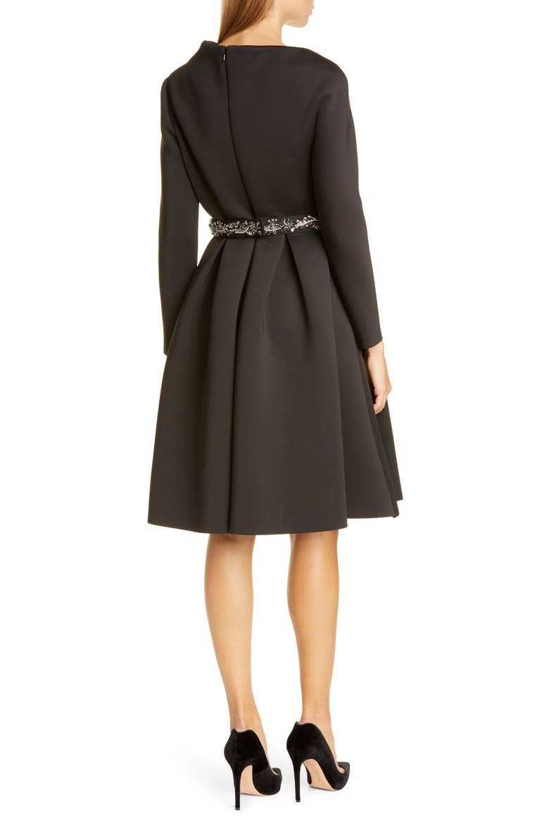 Badgley Mischka Asymmetrical Neckline Fit & Flare Scuba Dress, Alternate, color, BLACK