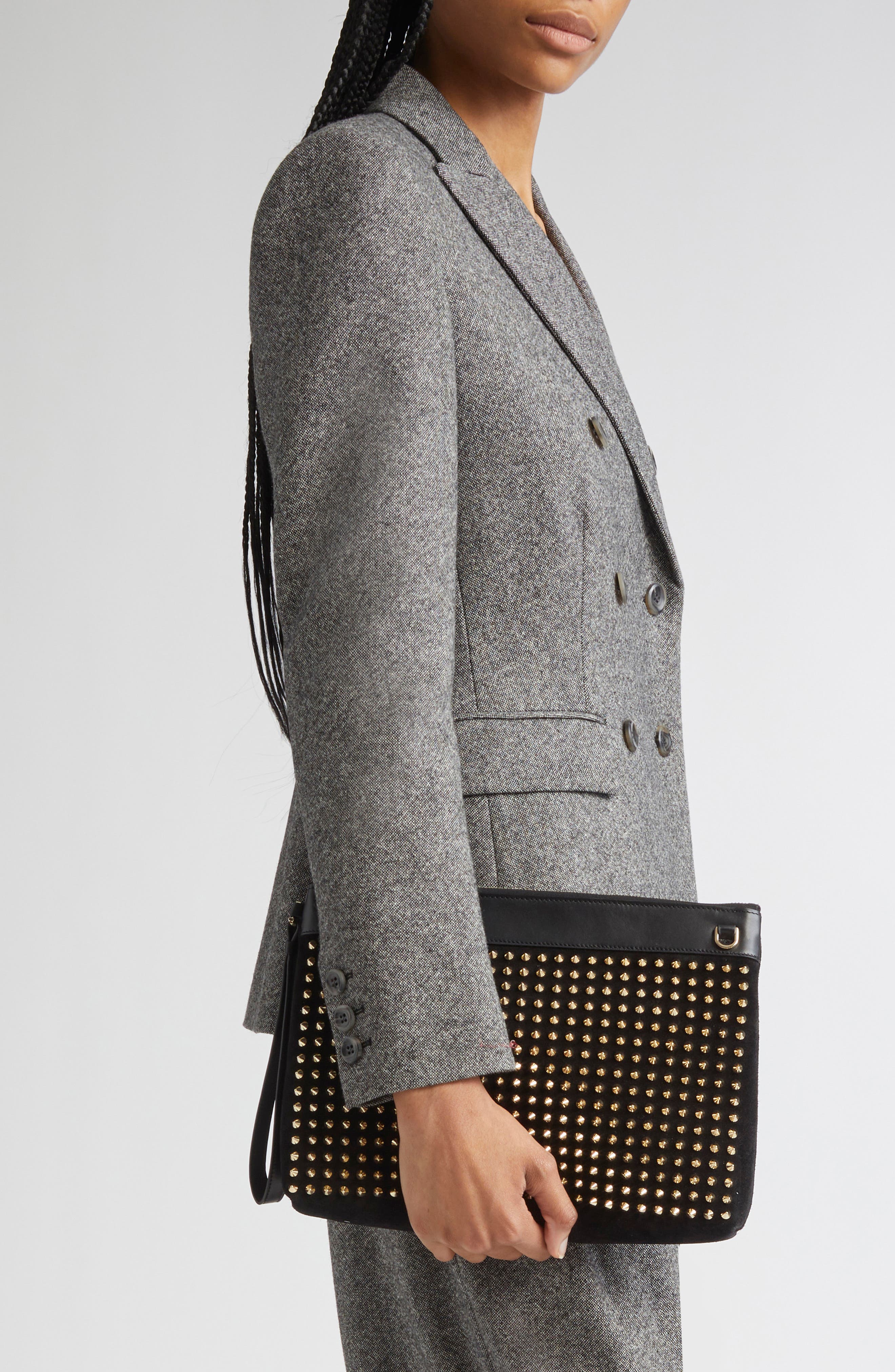 Christian Louboutin Funky Crosta Spikes Suede Wristlet, Alternate, color, Black