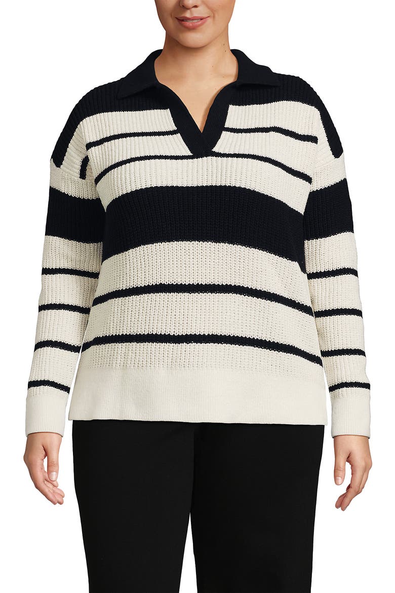 Cotton Boucle Johnny Collar Textured Sweater, Main, color, Ivory/Black Stripe