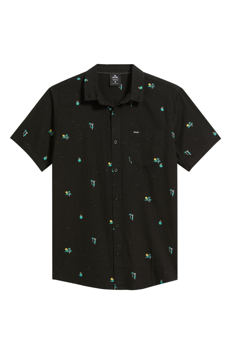 Rip Curl Skelly Breach Tropical Print Short Sleeve Cotton Chambray Button-Down Shirt, Alternate, color, Black