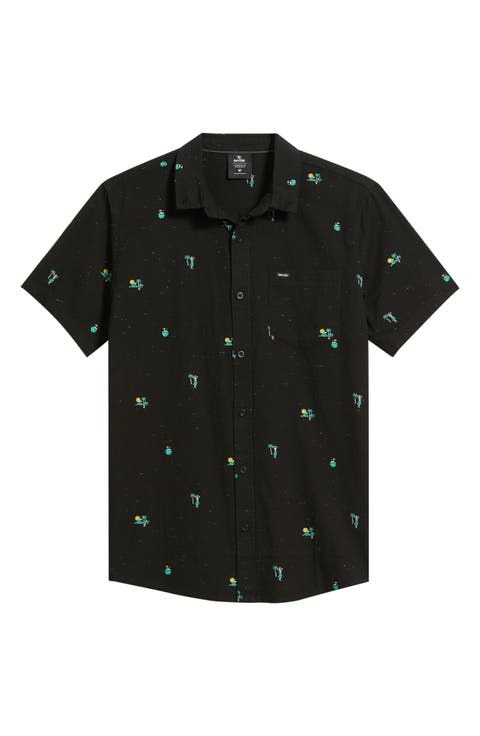 Skelly Breach Tropical Print Short Sleeve Cotton Chambray Button-Down Shirt