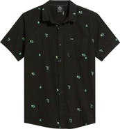 Rip Curl Skelly Breach Tropical Print Short Sleeve Cotton Chambray Button-Down Shirt
