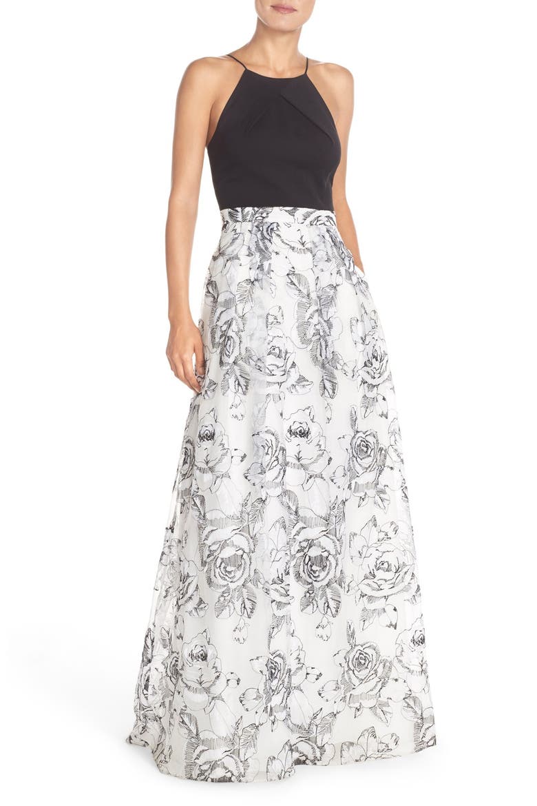 Halter Embroidered Ballgown, Main, color, BLACK/ IVORY