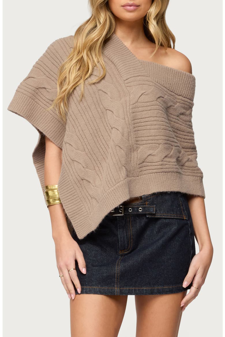 Vickey Cable Stitch One-Shoulder Poncho, Main, color, BROWN