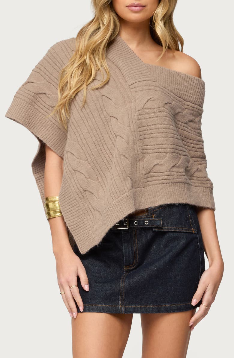 EDIKTED Vickey Cable Stitch One-Shoulder Poncho, Main, color, Brown