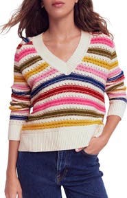 Boden Maeve Stripe Pointelle Detail Cotton Sweater