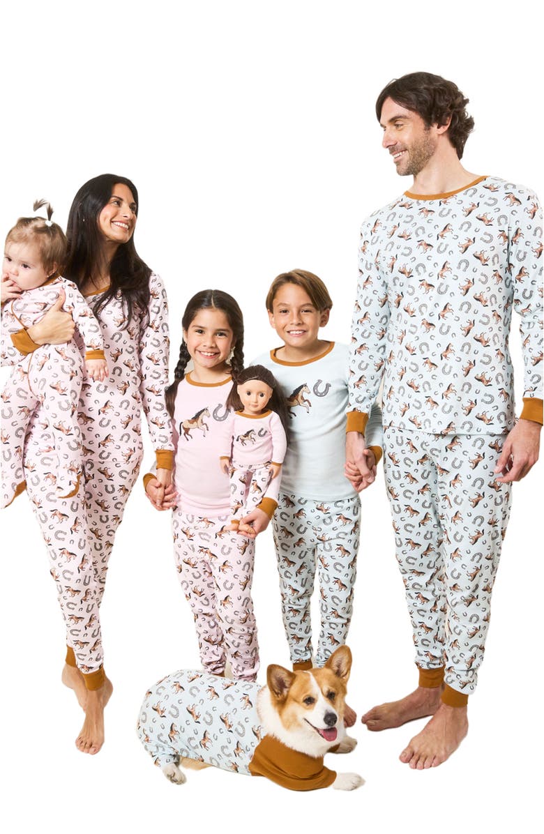 Leveret Kids Footed Printed Cotton Matching Family Pajamas, Coordinated Prints, Alternate, color, Pink Horse