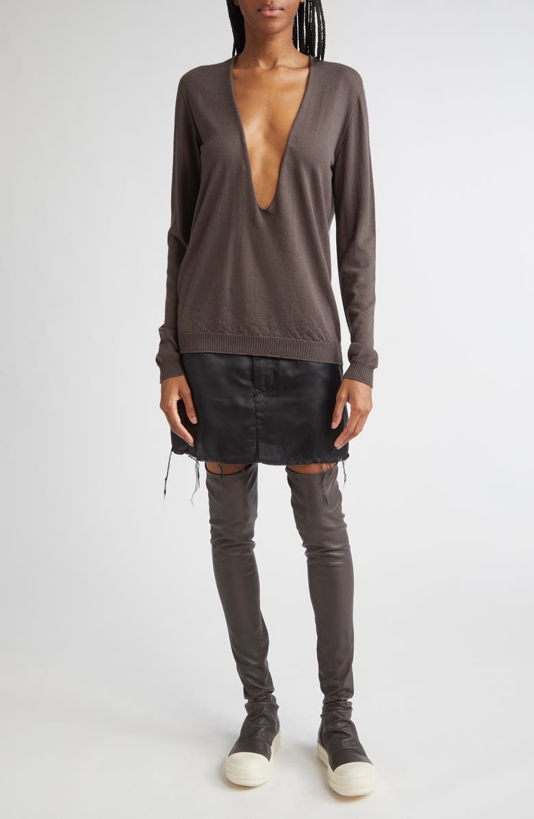 Rick Owens Firbanks Raw Edge Satin Miniskirt, Alternate, color, Black