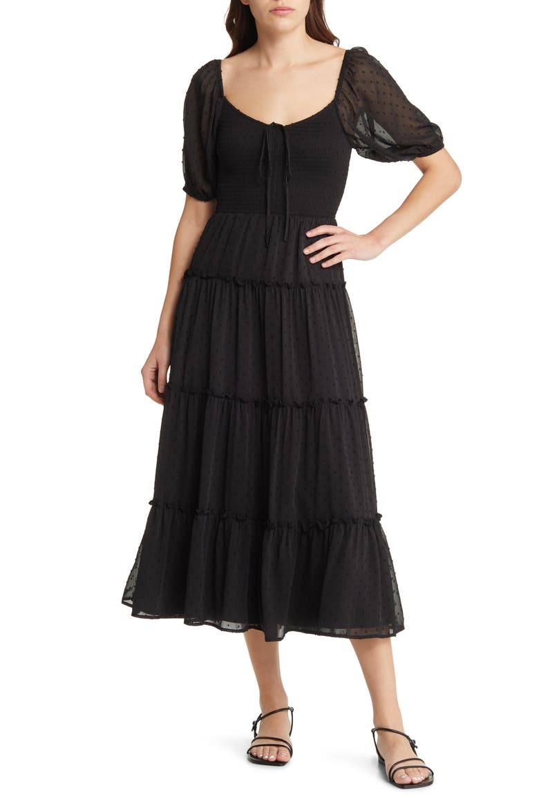 Tiered Smocked Midi Dress, Main, color, BLACK